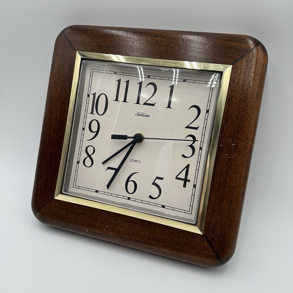 Vintage Sunbeam Quartz 11x11" MCM 1970s Solid Wood Wall Clock Tested working